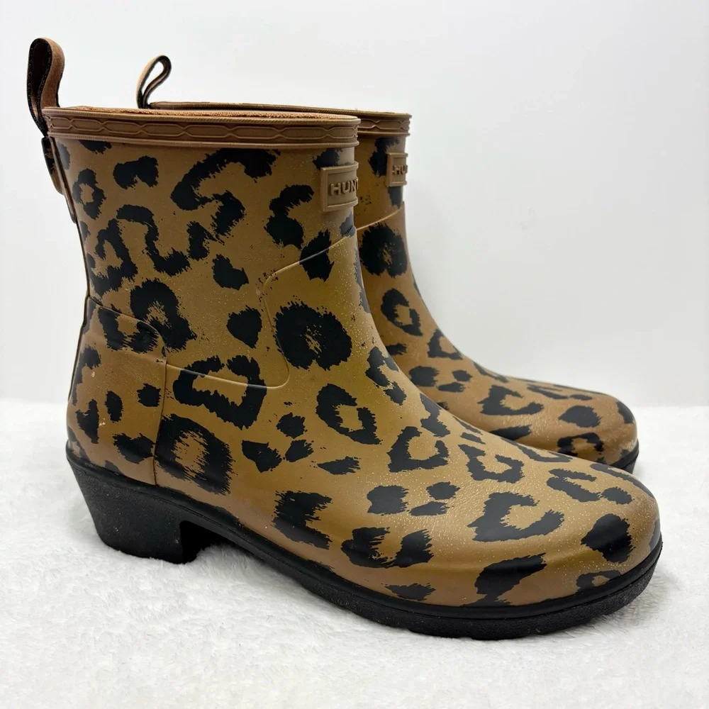Hunter Leopard Print Matte Block-Heel‎ Rain Booties Girl Size 6